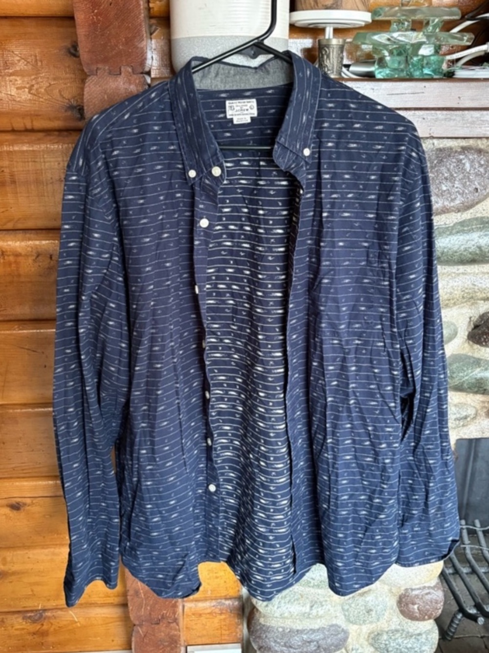 Vintage J.Crew Quality Woven Navy Stripe Cotton Button Down Shirt L